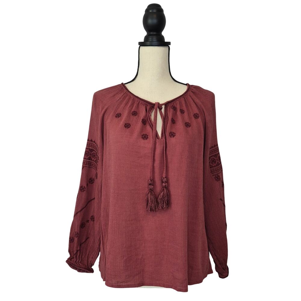 Lucky Brand top rusty red tunic embroidered long sleeve split vneck tassels sz S